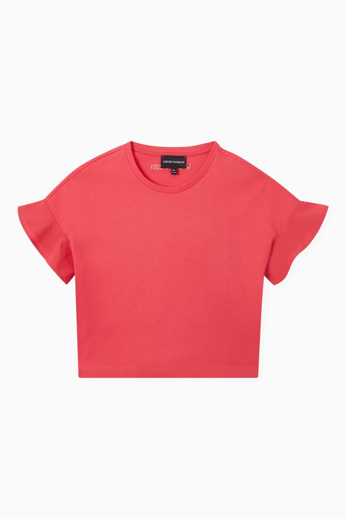 Ruffled-sleeve T-shirt in Cotton, Pink