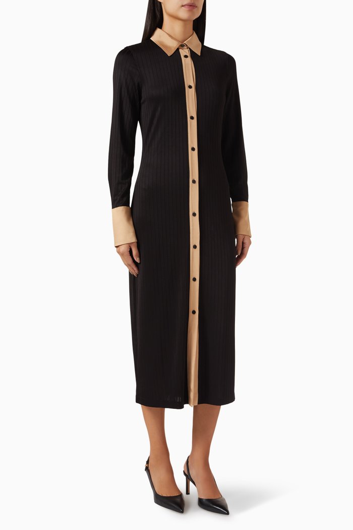 

Contrast-collar Shirt Dress in Ribbed Jersey, Black