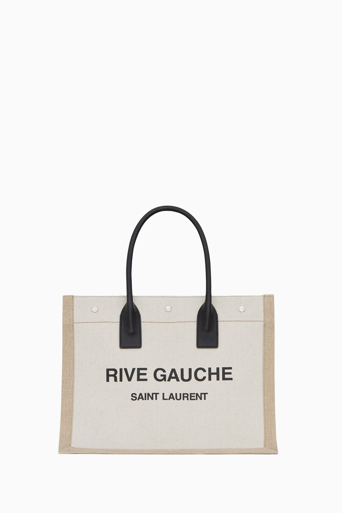 Small Rive Gauche Tote Bag in Linen & Leather, Grey