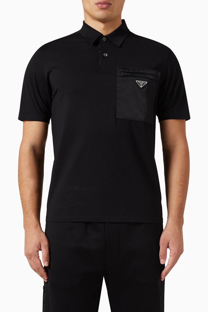 

Patch-pocket Polo Shirt in Cotton-jersey & Re-nylon, Black