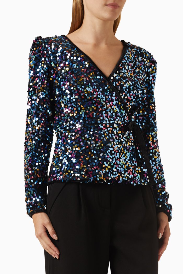 Yaskillo Wrap Top in Sequins, Black