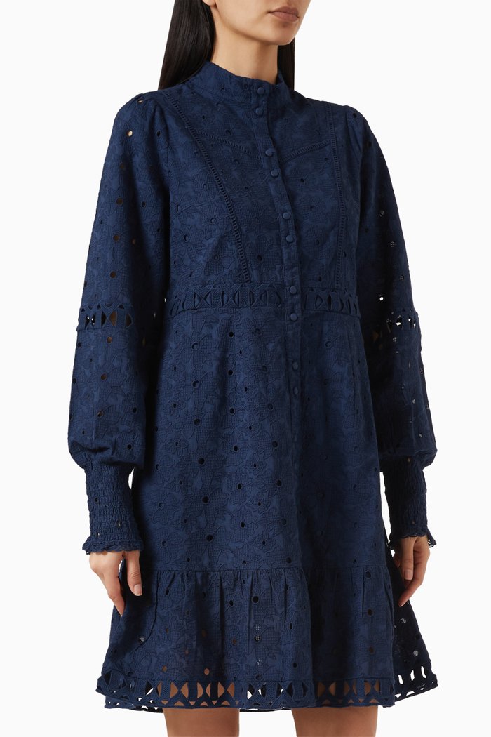 

Yassurio Broderie Anglaise Mini Dress in Organic Cotton, Blue