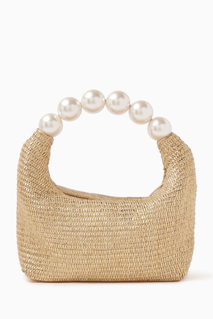 

Les Echappes Top Handle Bag in Woven Raffia & Taffeta Beads, Neutral