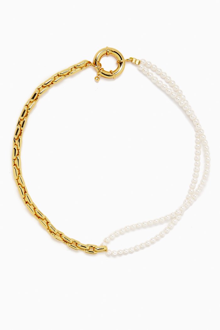 

Half Pearl, Half Chain Necklace Choker in Gold-plated Brass, White