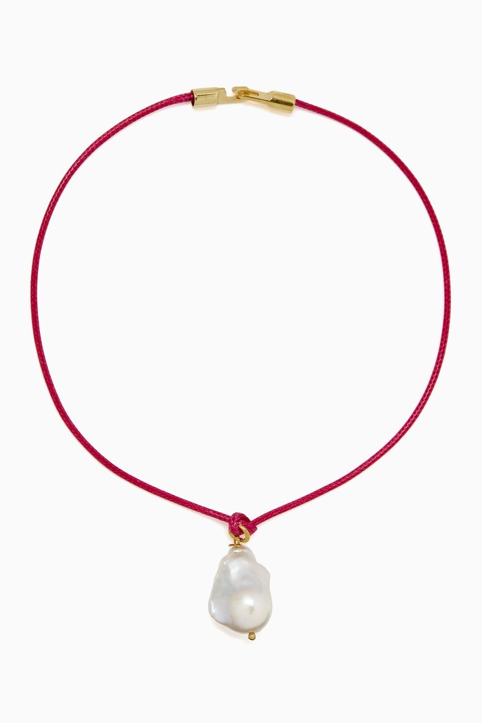 

Pearl Charm Thread Necklace Choker, Pink