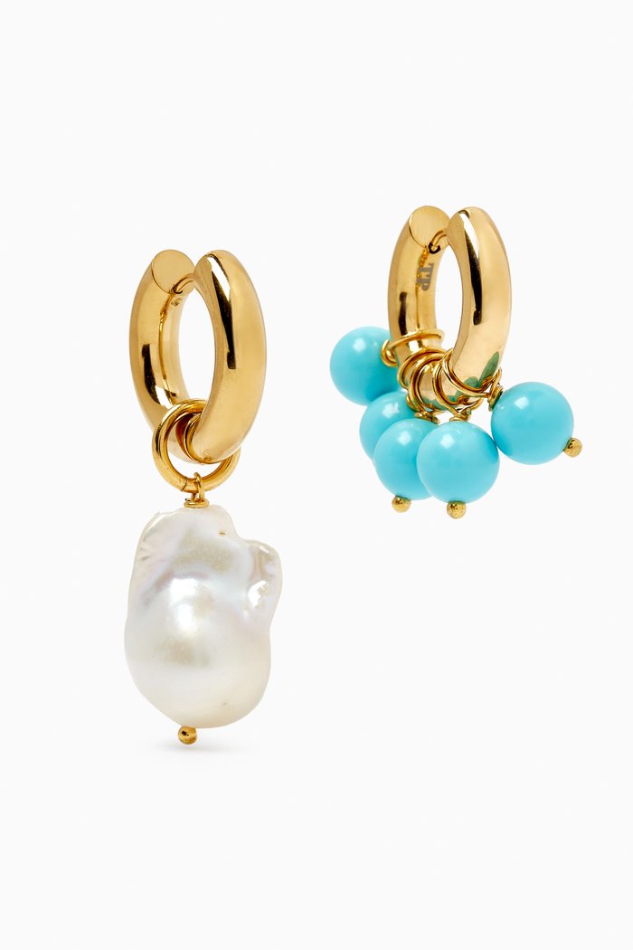 Mini Pendant Bead Huggie Earrings in Gold-plated Brass, Blue
