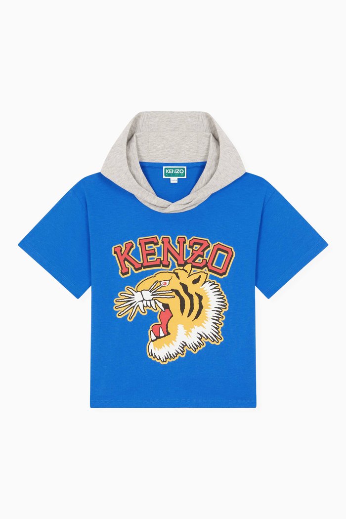 Hooded Tiger Logo T-shirt in Organic Cotton Jersey, Blue