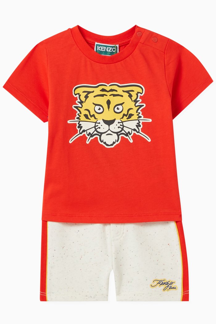 

Tiger-print T-shirt & Shorts Set in Cotton, Red
