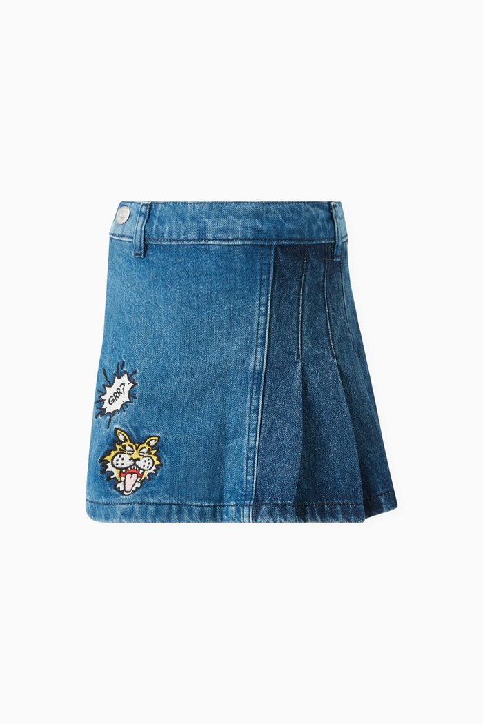 

Tiger-patch Pleated Skort in Cotton-denim, Blue