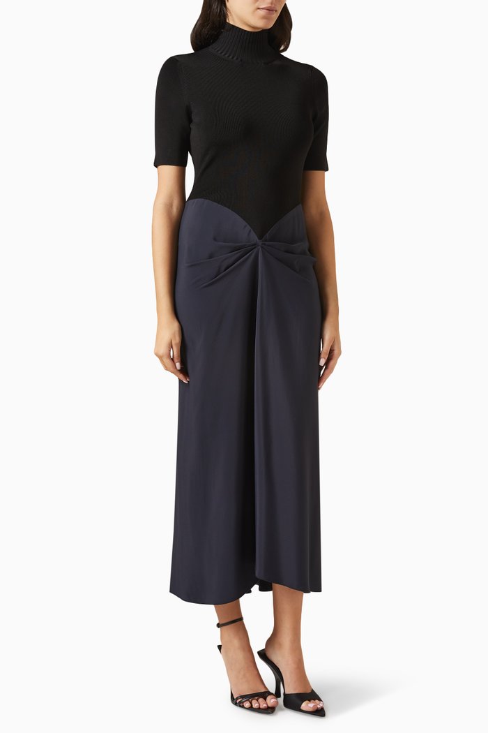 

Polo Neck Gathered Dress in Crepe, Blue