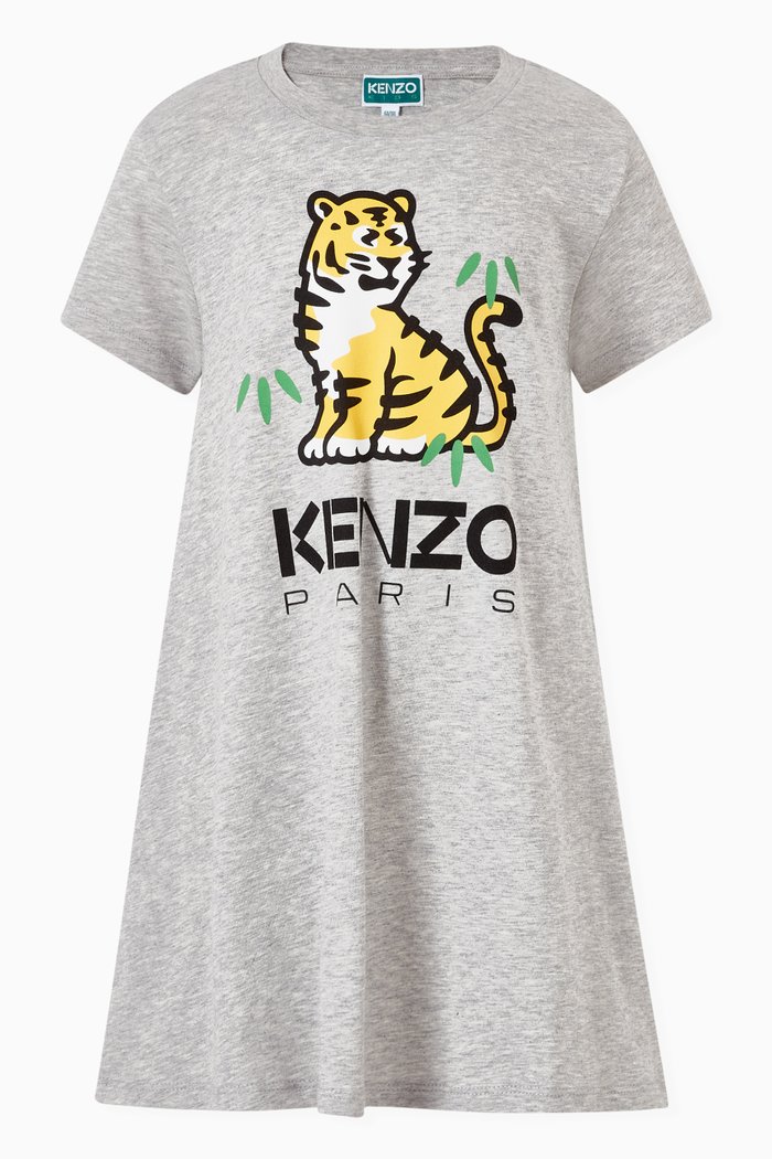 Kotora Tiger Logo Print Dress in Cotton, Grey