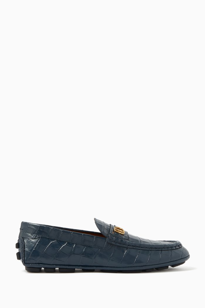 

Keeper Driver Shoes in Croc-embossed Leather, Blue