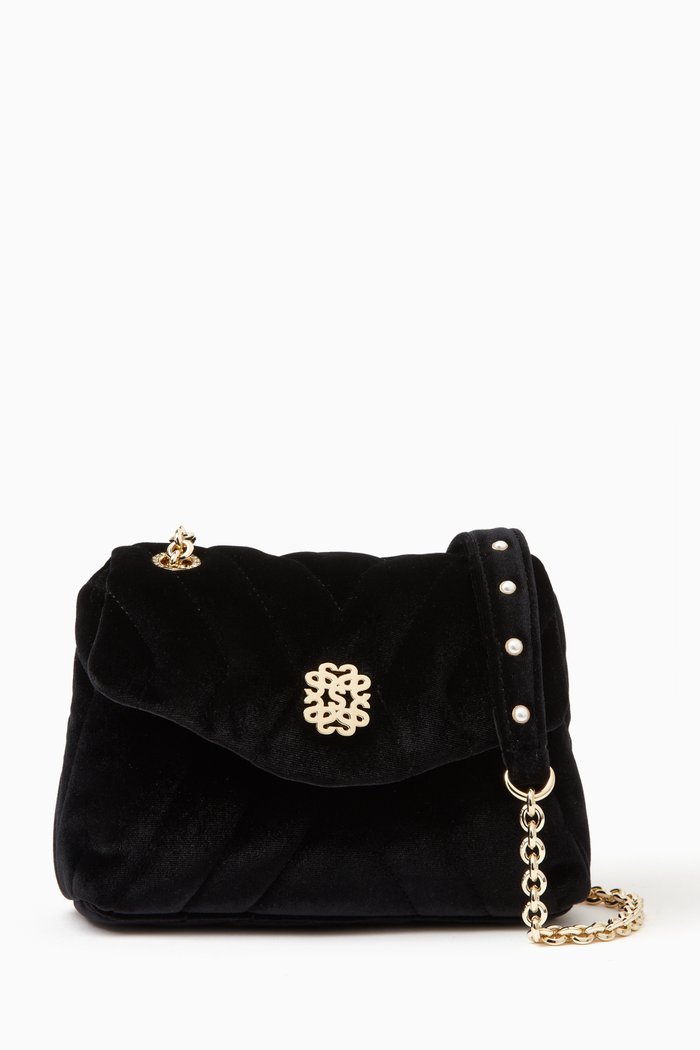 Mila Shoulder Bag in Quilted Velvet, Black