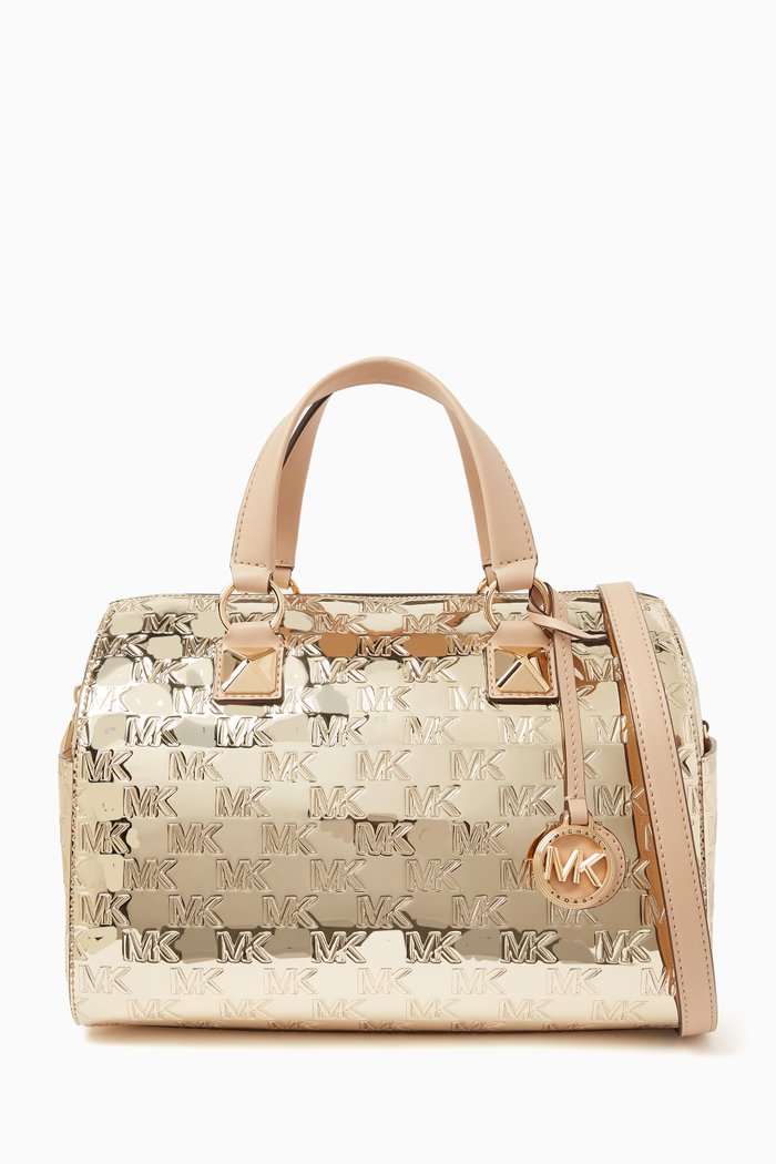 

Medium Grayson Satchel Bag in Patent Logo Canvas, Gold