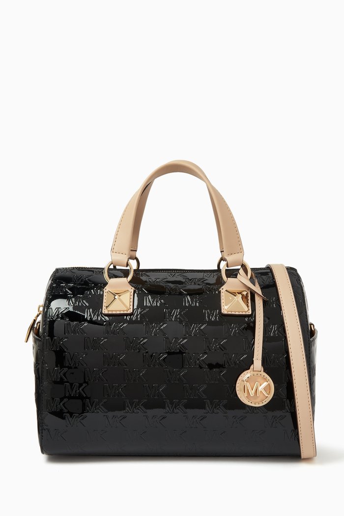 

Medium Grayson Satchel Bag in Patent Logo Canvas, Black