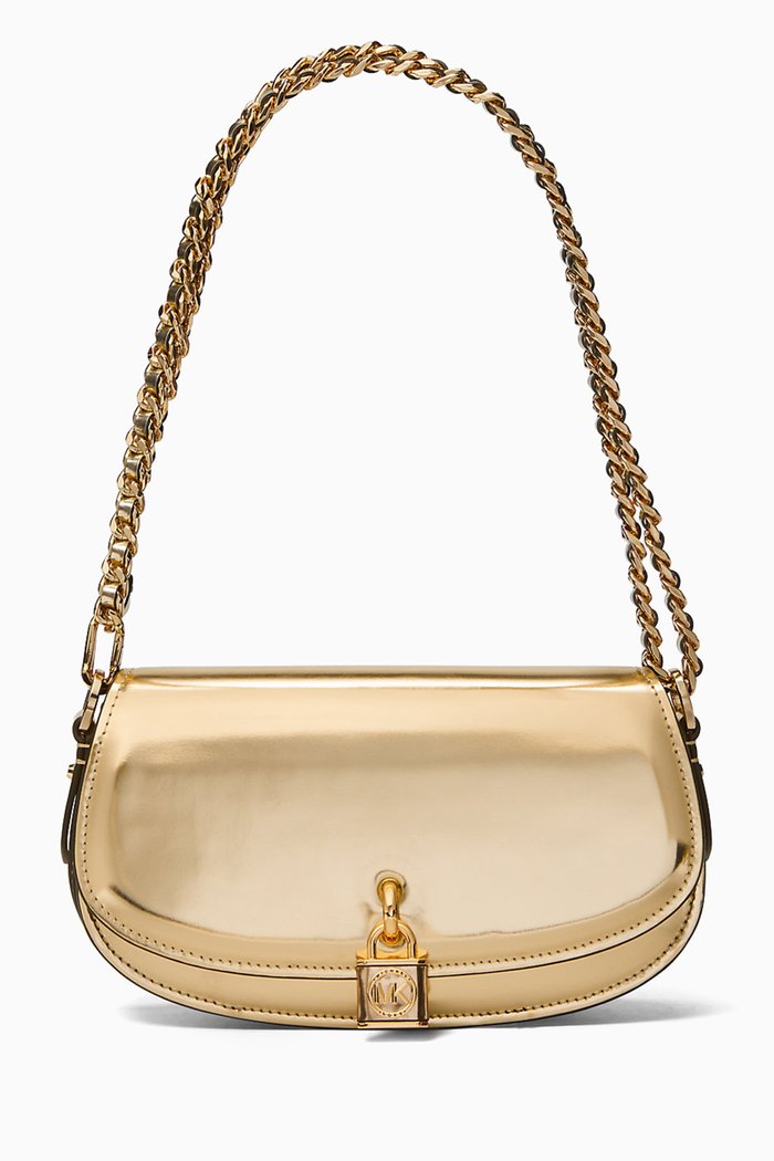 

Small Mila Shoulder Bag in Metallic Leather, Gold