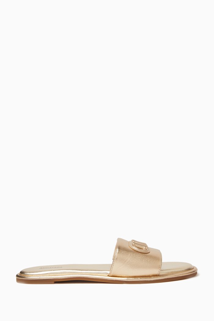 

Saylor Slide Sandals in Metallic Leather, Gold