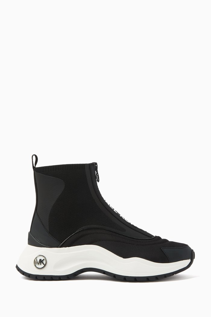 

Dara Zip Ankle Boots in Stretch-knit & Faux-leather, Black