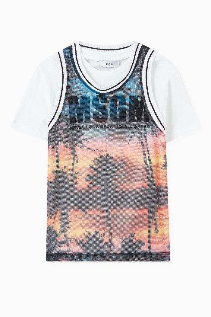 

Layered T-shirt in Cotton and Mesh, White