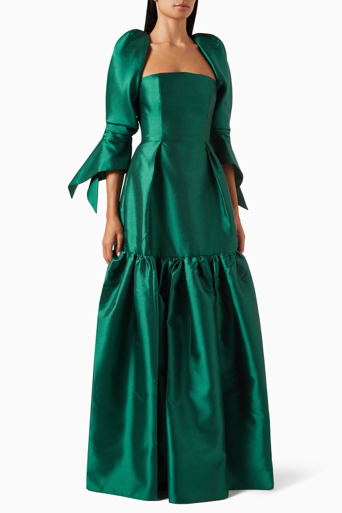 

Puff-sleeve Maxi Gown in Silk, Green