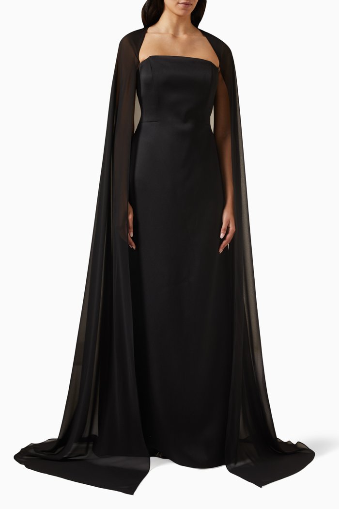 

Cut-out Chiffon Cape Gown in Satin Crêpe, Black