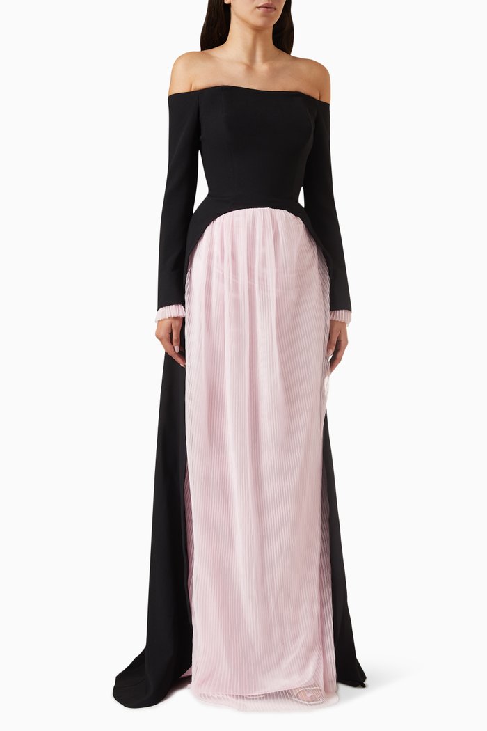 

Off-shoulder Gown in Crepe & Tulle, Black