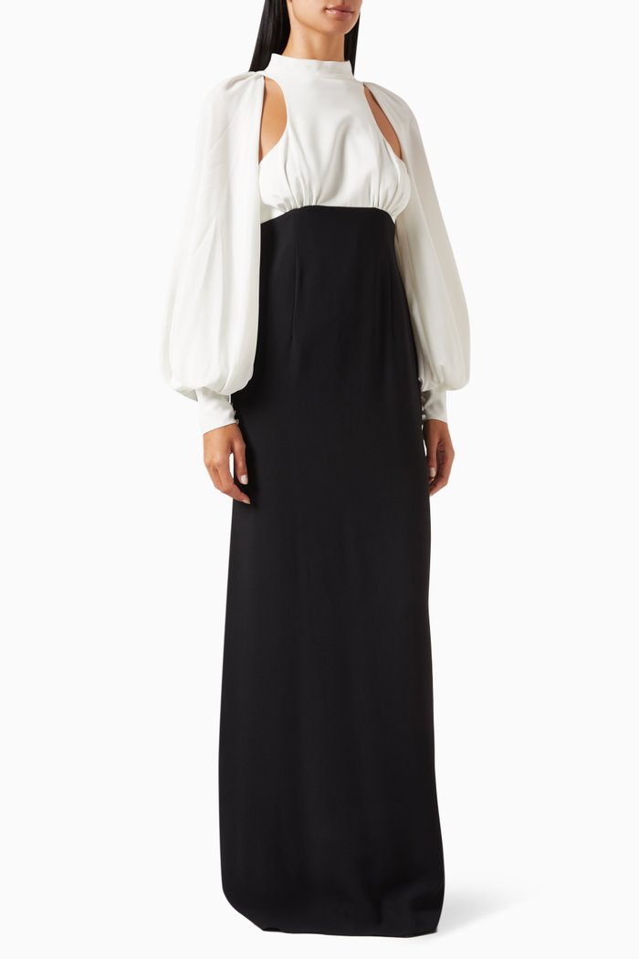 

Balloon-sleeve Cut-out Gown in Crepe, Black