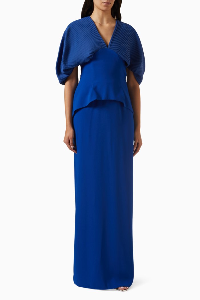 

V-Neck Peplum Gown in Crêpe, Blue