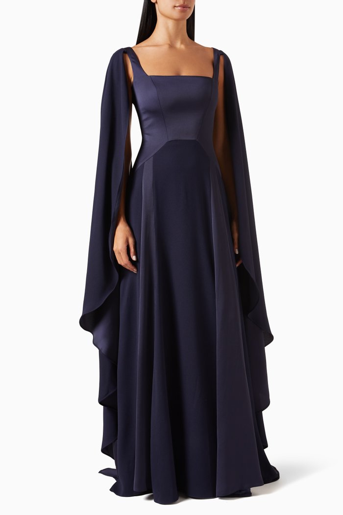 

Oversized-sleeve Maxi Gown in Satin-crepe, Blue