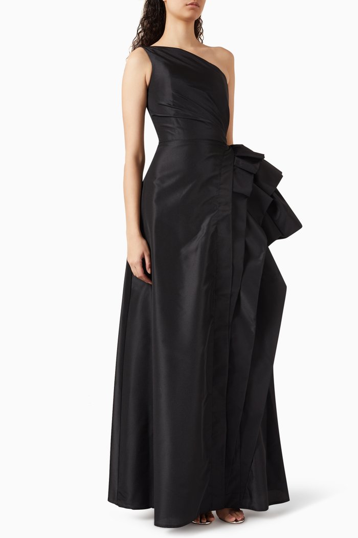 

One-shoulder Ruffled-detail Gown, Black