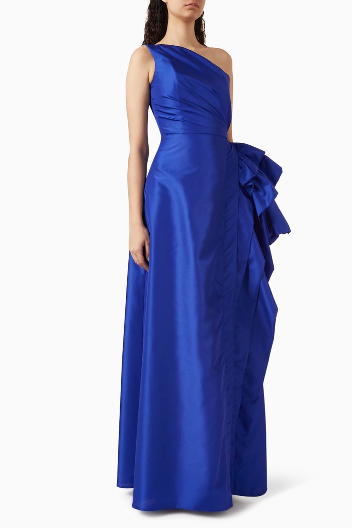 

One-shoulder Ruffled-detail Gown, Blue