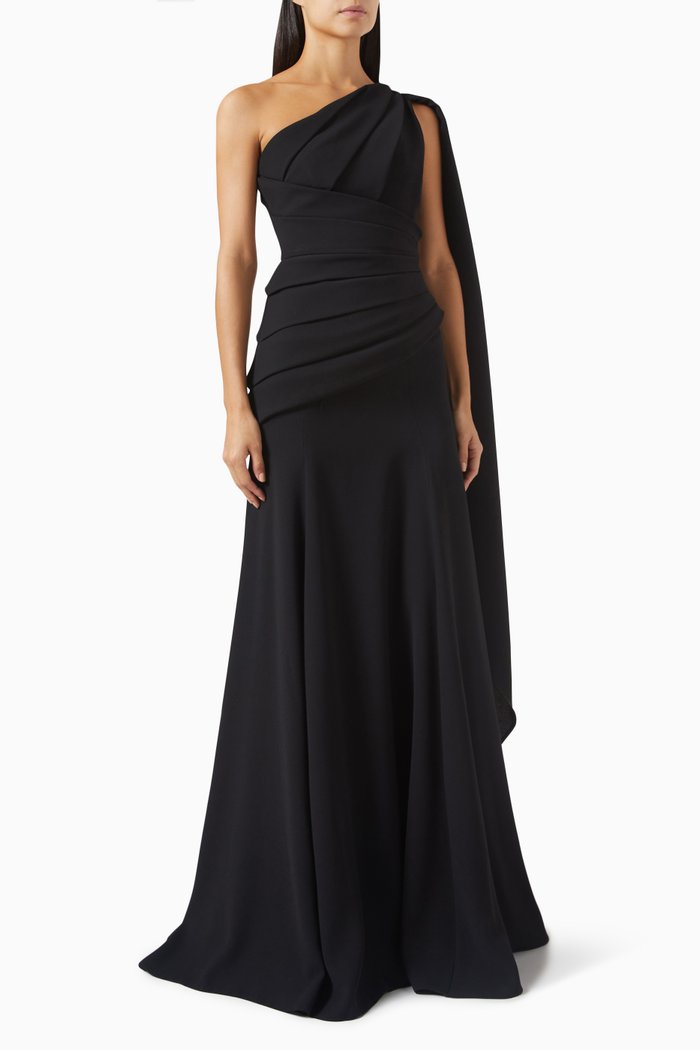 

One-shoulder Cape Gown in Crepe, Black
