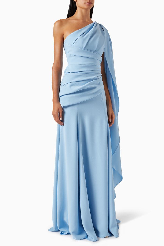 

One-shoulder Cape Maxi Dress in Crepe, Blue
