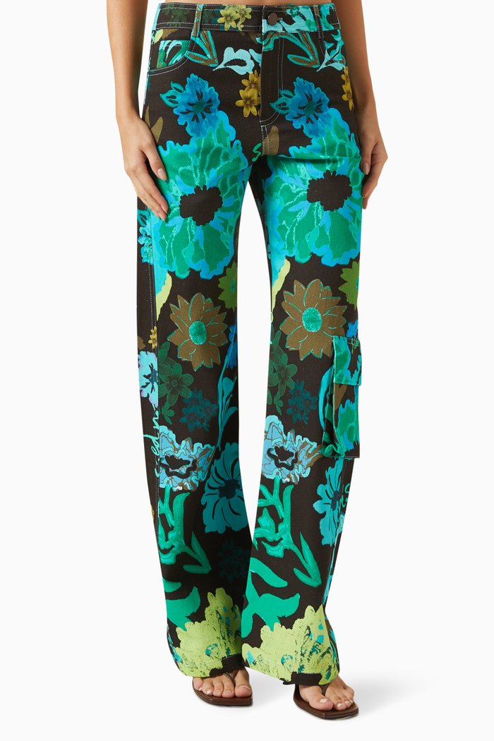 Estie Floral-print Cargo Pants in Linen-blend, Multicolour