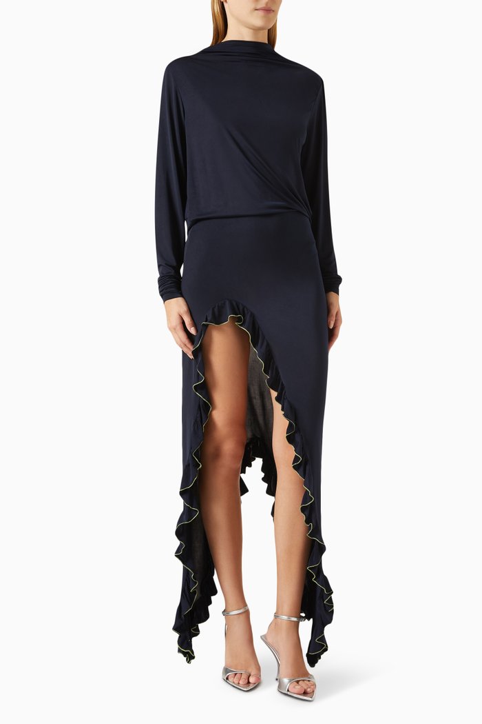 

Alea Cowl-back Asymmetric Dress in Polyester, Blue