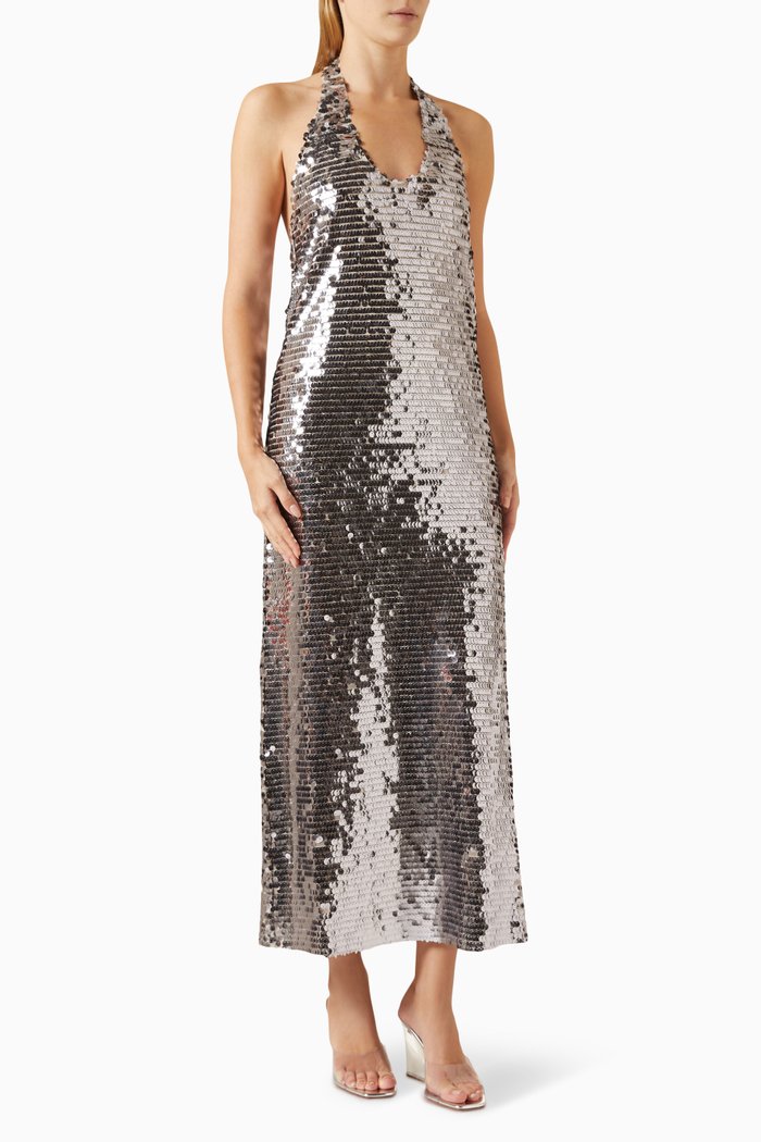

Hely Sequined Halterneck Midi Dress in Polyester, Silver