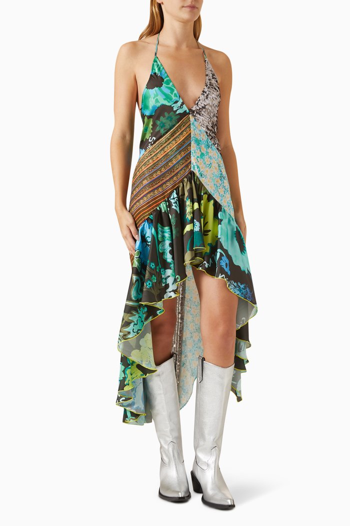 

Izen Patchwork Asymmetric Printed Dress in Polyester, Multicolour
