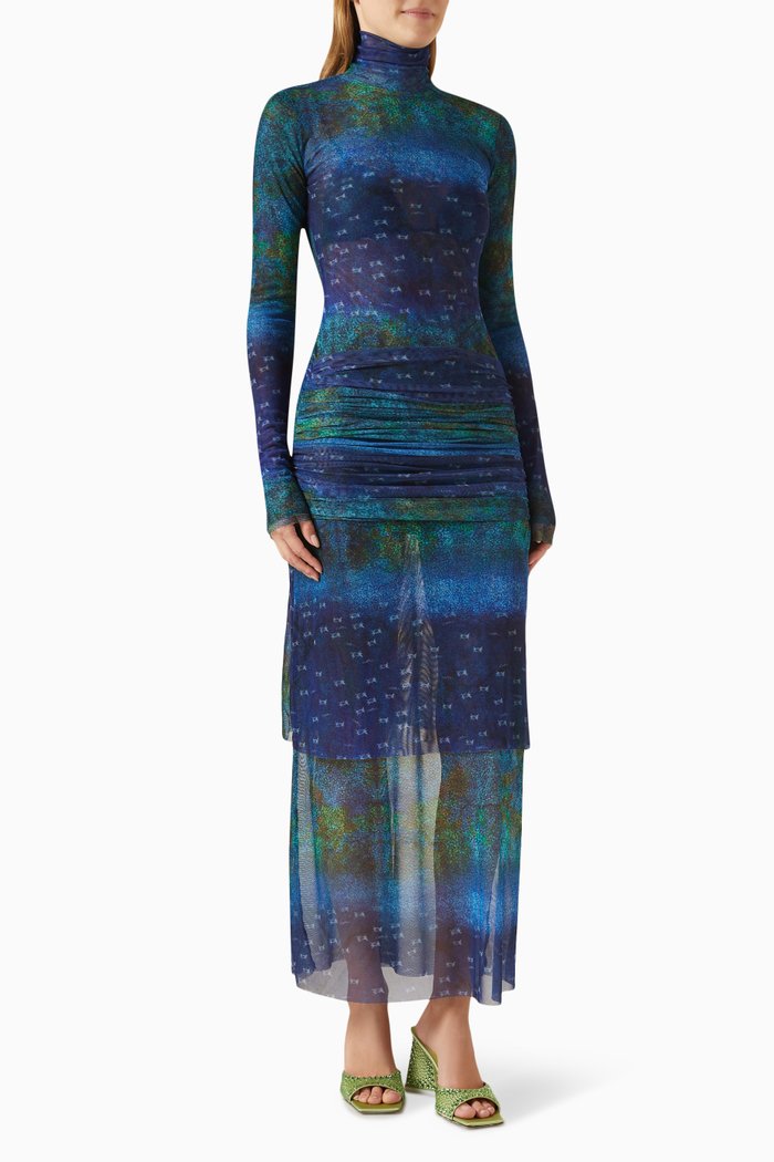 Nene Ruched Mesh Maxi Dress in Recycled Polyester, Multicolour