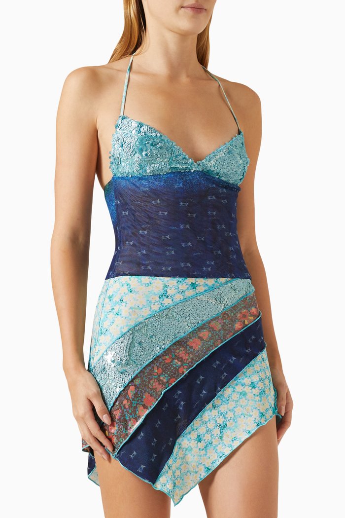 

Near Asymmetric Patchwork Mini Dress in Polyester, Multicolour