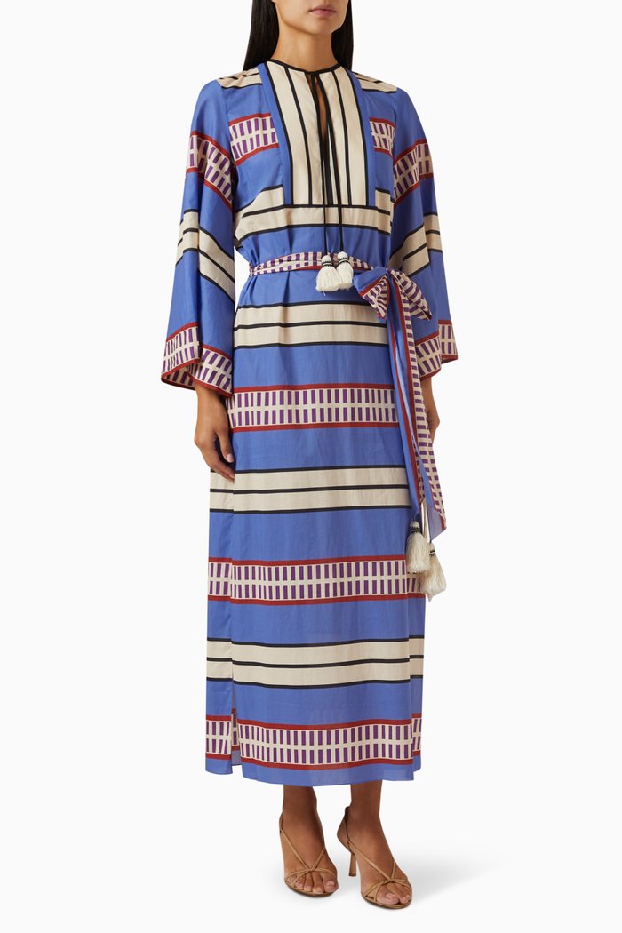 Tropical Palm Dress in Cotton, Blue
