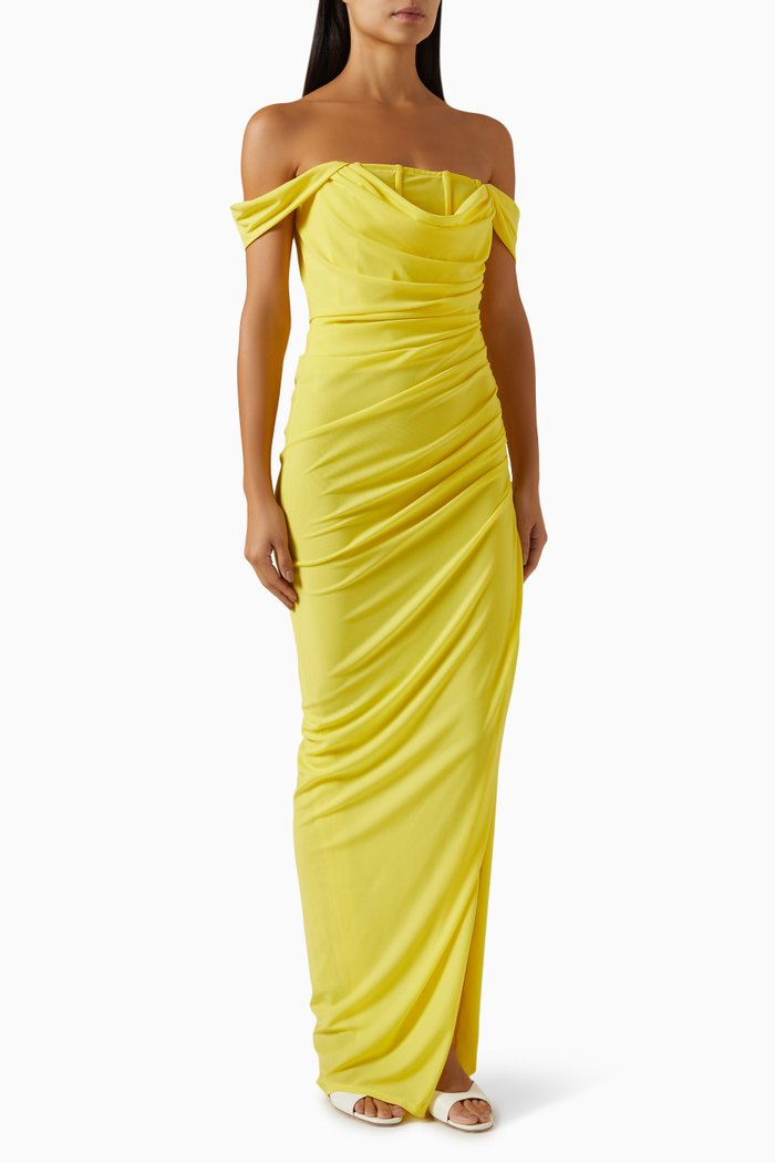 

Stormi Draped Maxi Dress in Mesh, Yellow