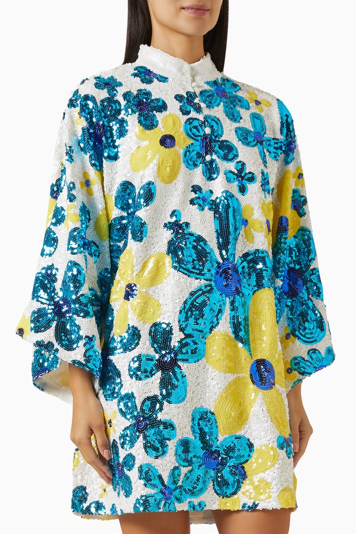 Floral Mini Kaftan in Sequin, Blue