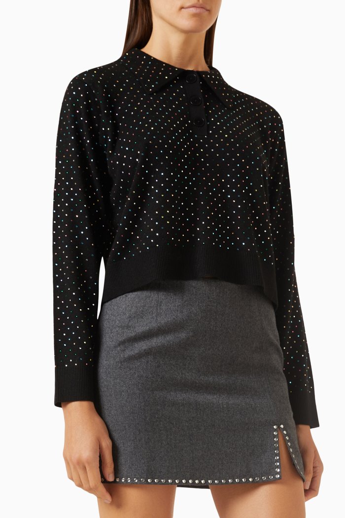 

Jordann Rhinestone-embellished Polo Sweater in Wool-blend, Black