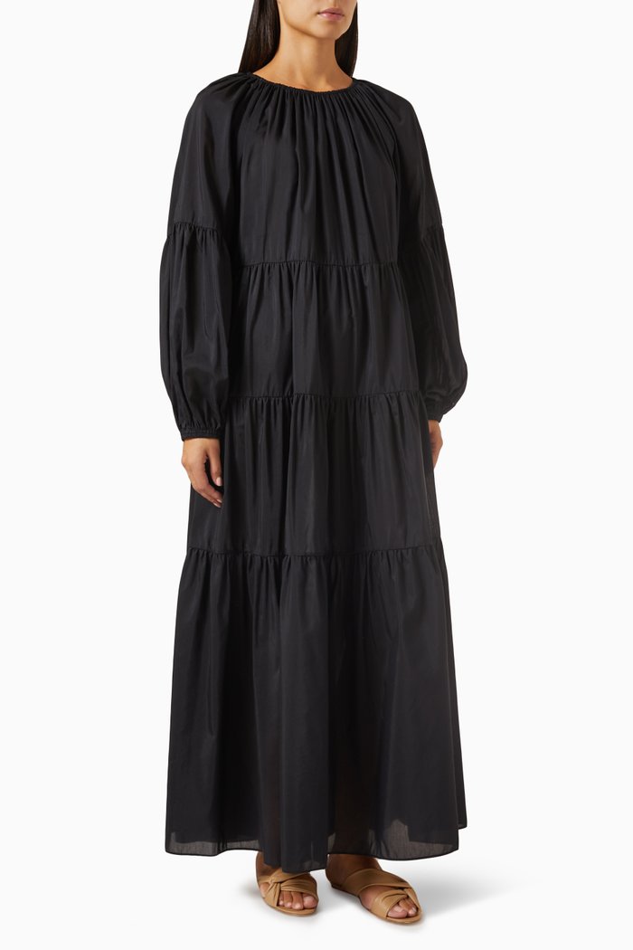 Voluminous Tiered Dress in Cotton-silk, Black