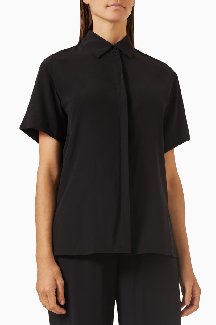 Oversized Short-sleeve Shirt in Organic Silk Crepe de Chine, Black