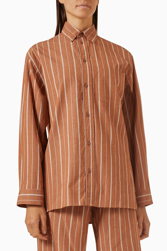 Relaxed Striped Shirt in Cotton & Linen-blend, Brown