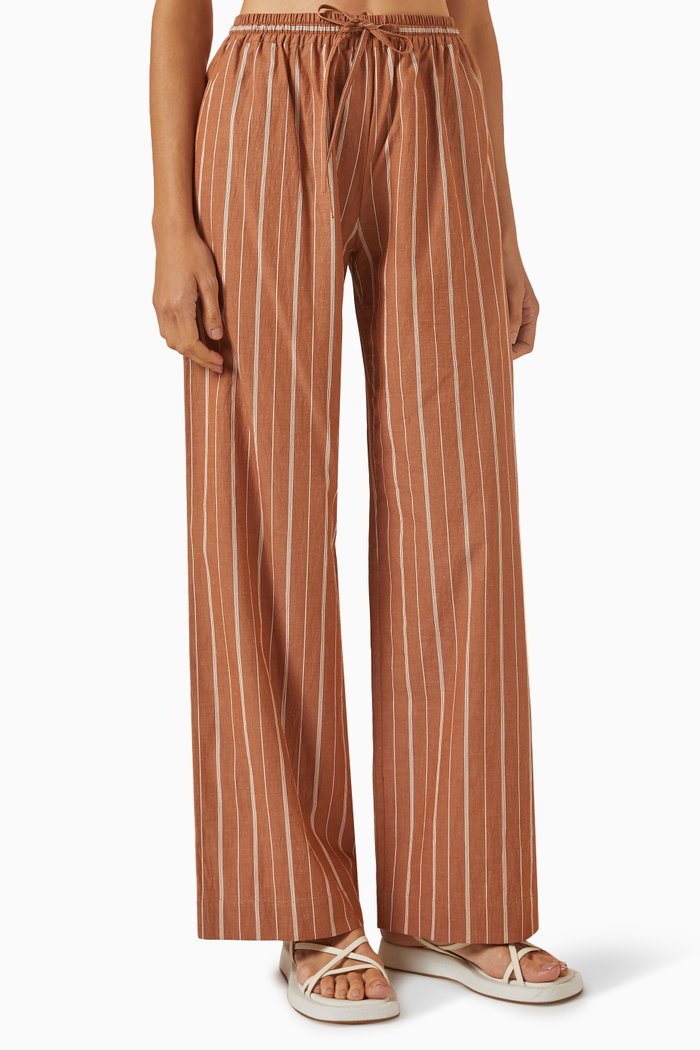 

Relaxed Striped Pants in Cotton & Linen-blend, Brown