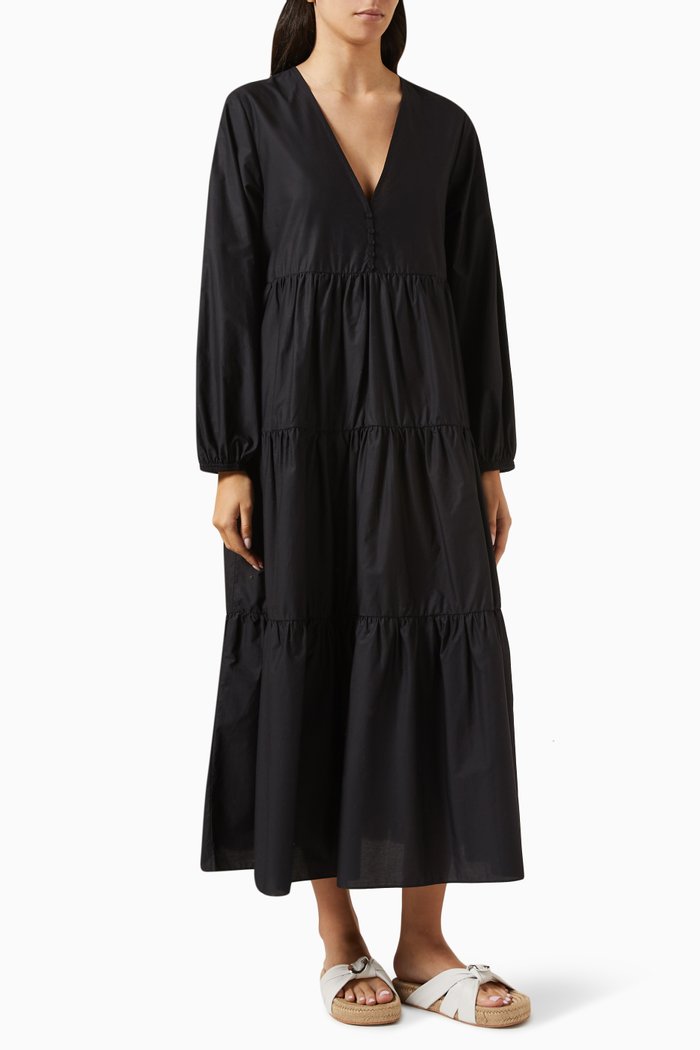 Tiered Plunge Dress in Cotton Poplin, Black