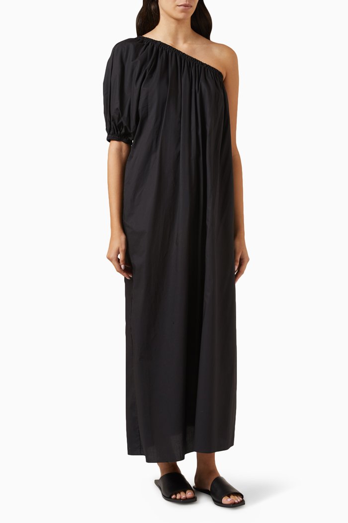 One-shoulder Maxi Dress in Cotton Poplin, Black