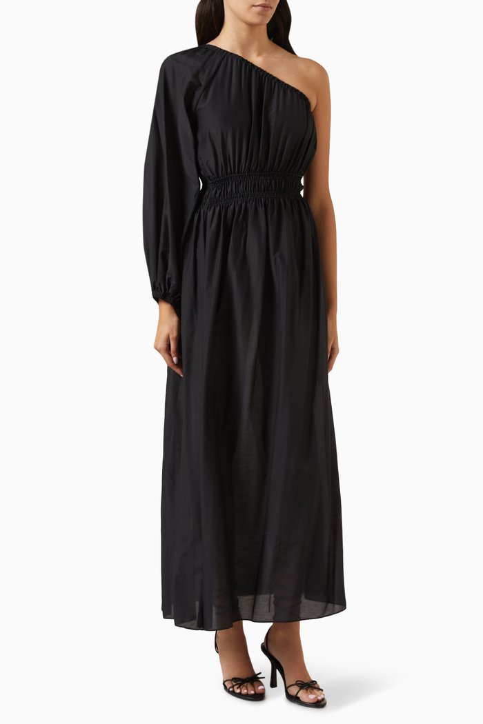 

Single-sleeve Maxi Dress in Cotton-silk Blend, Black